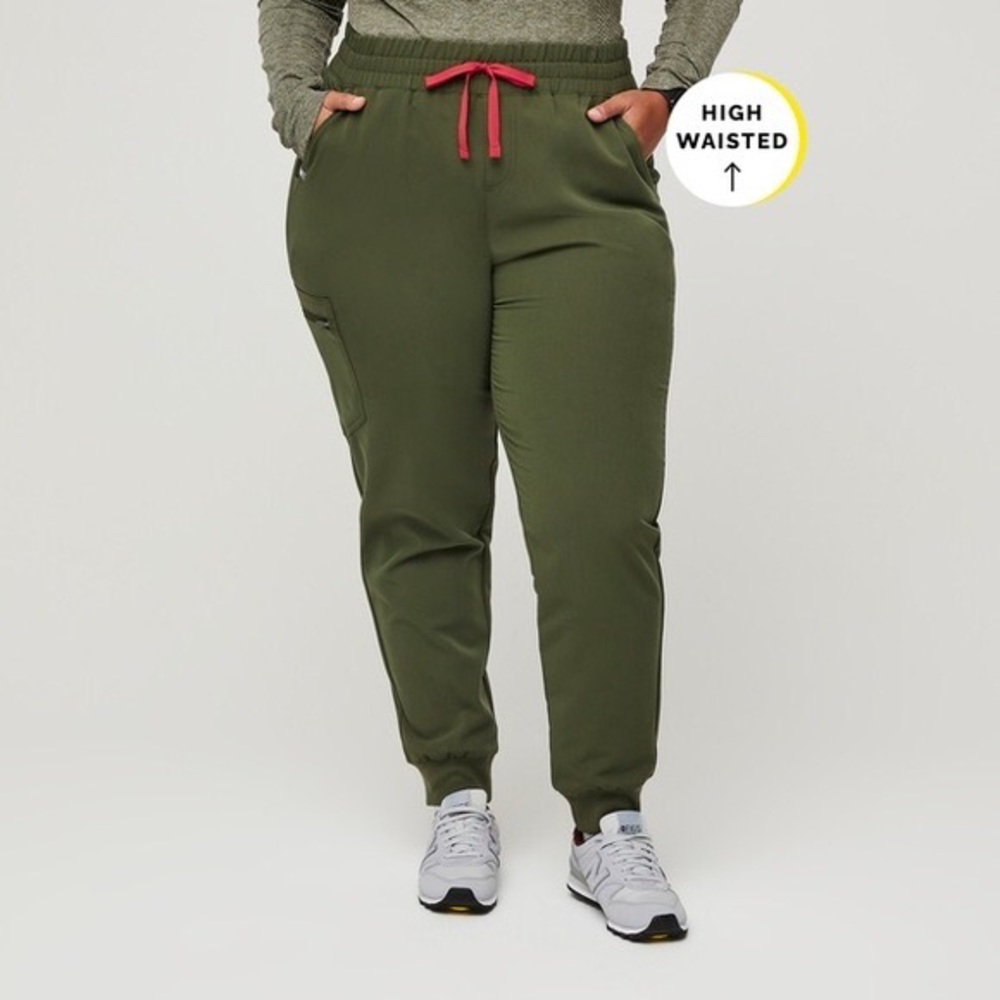 Figs Scrub Pants - Dark Olive - High-Waisted Zamora Joggers - Large Petite
